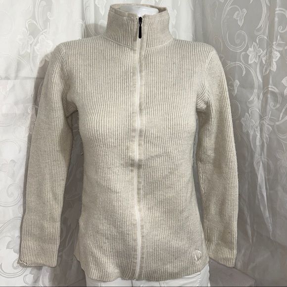SunIce Ecru Ribbed Mock Neck Zip Up Sweater - Picture 2 of 11
